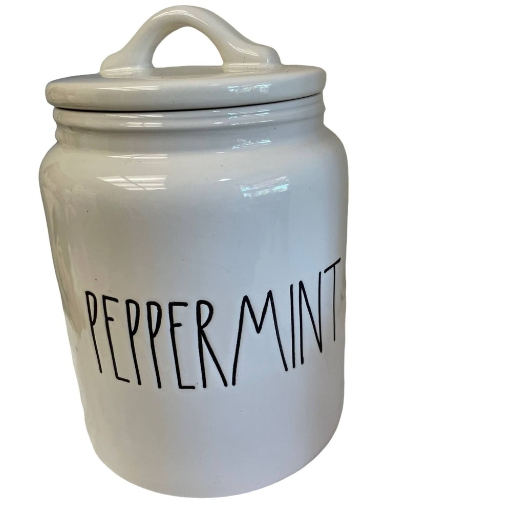 RAE Dunn PEPPERMINT White Red Ceramic Christmas Cookie Jar Canister 9" x 5"